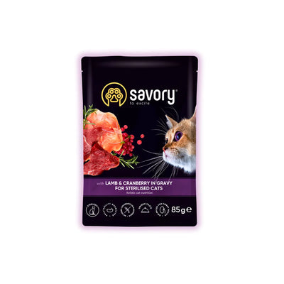 Savory Sterilized вологий корм для котів 85 г - ягня та журавлина