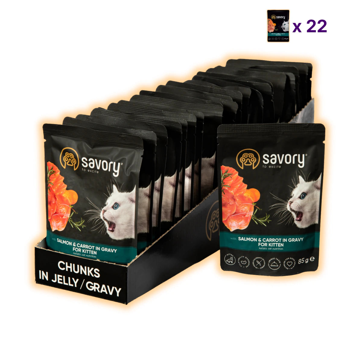 Корм вологий Savory Kitten Pouch Salmon & Carrot in Gravy для кошенят з лососем та морквою у соусі 85 г, пак з 22 шт - pawow.com.ua