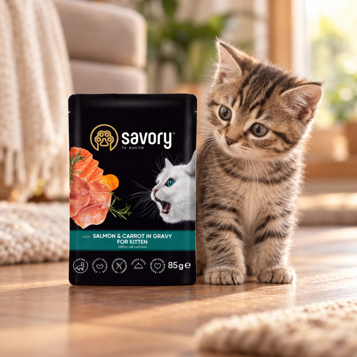 Корм вологий Savory Kitten Pouch Salmon & Carrot in Gravy для кошенят з лососем та морквою у соусі 85 г, промофото - pawow.com.ua