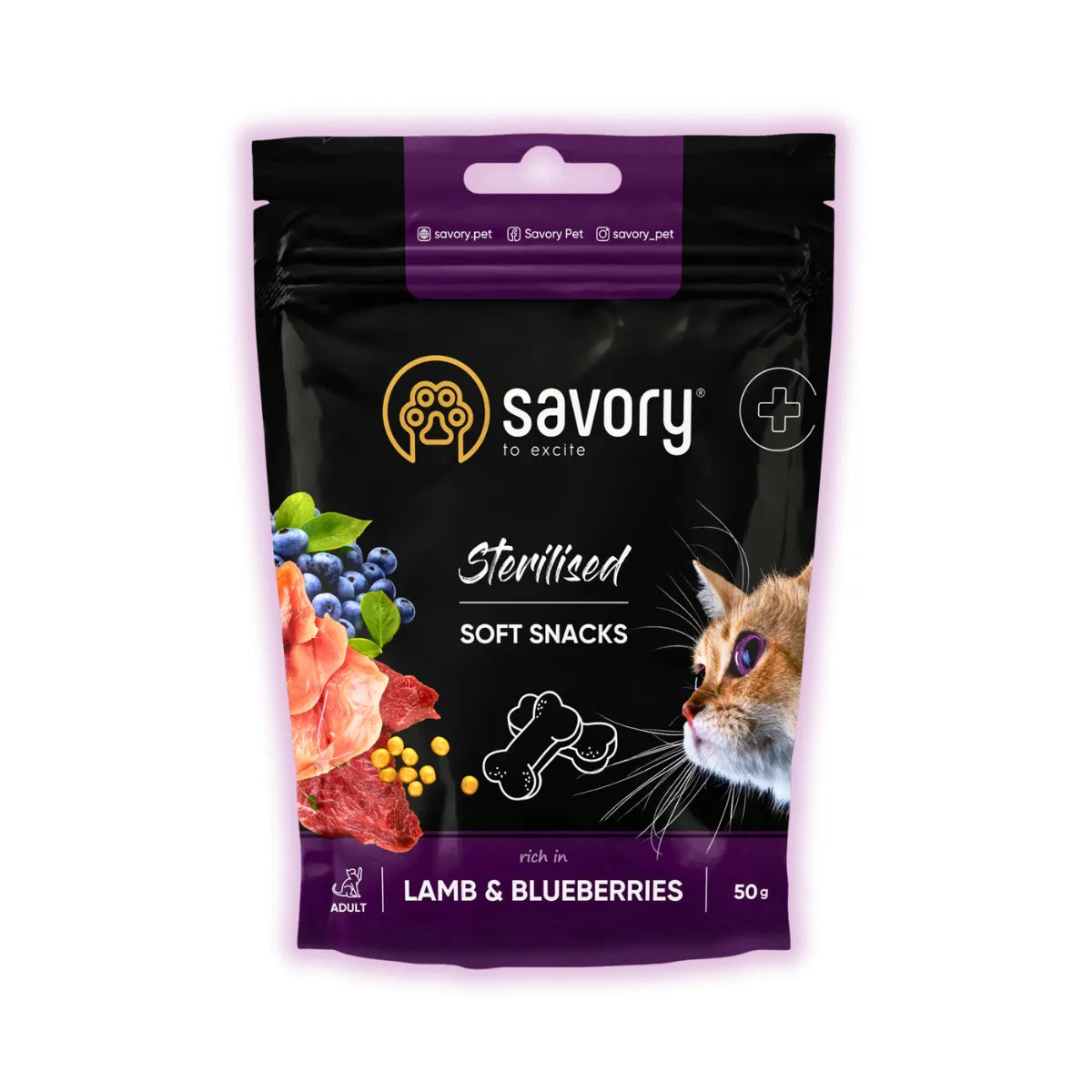 Savory Sterilized ласощі для котів 50 г - ягня та чорниця