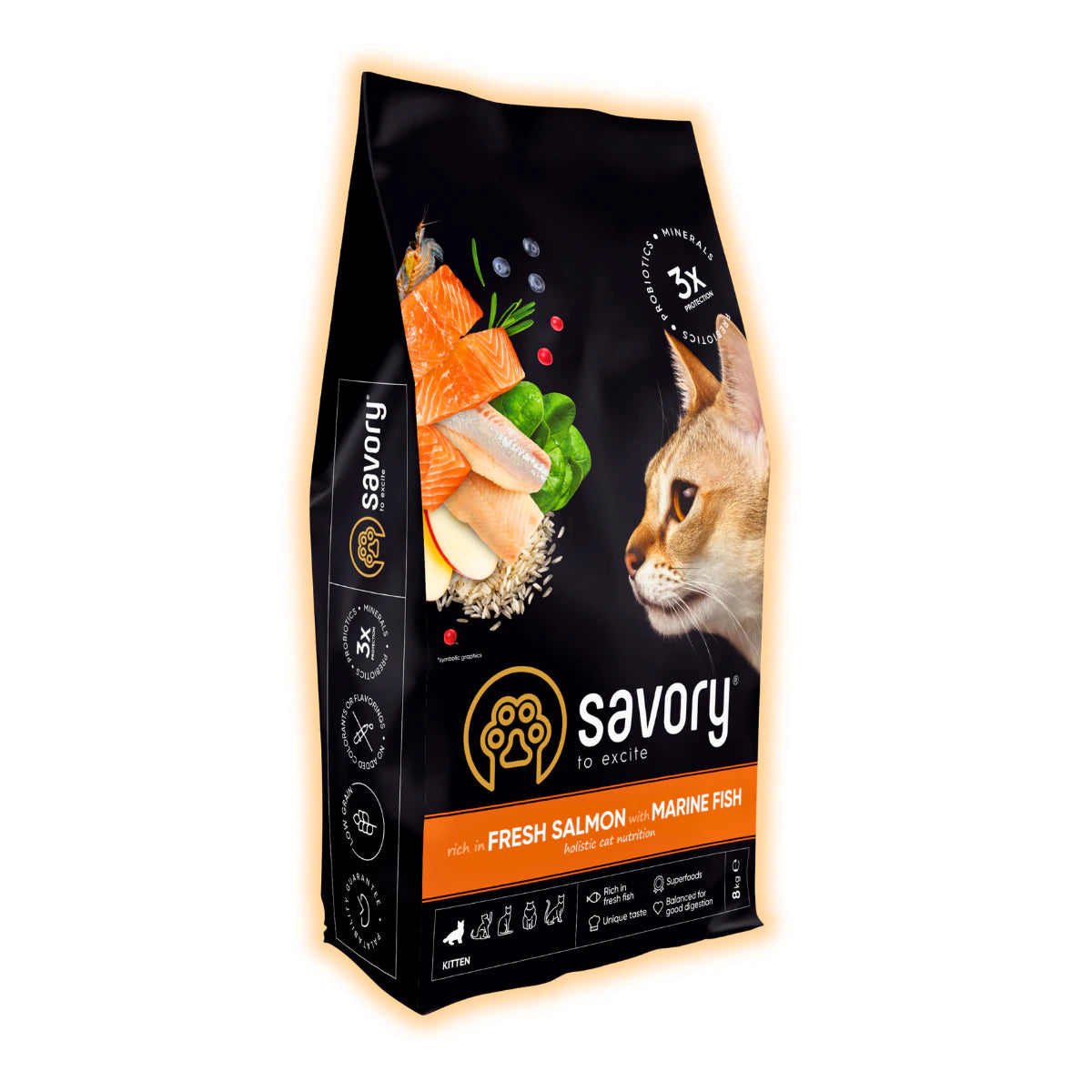 Корм сухий Savory Kitten rich in Fresh Salmon with Marine Fish для кошенят всіх порід зі свіжим лососем та морською рибою, 8 кг - pawow.com.ua