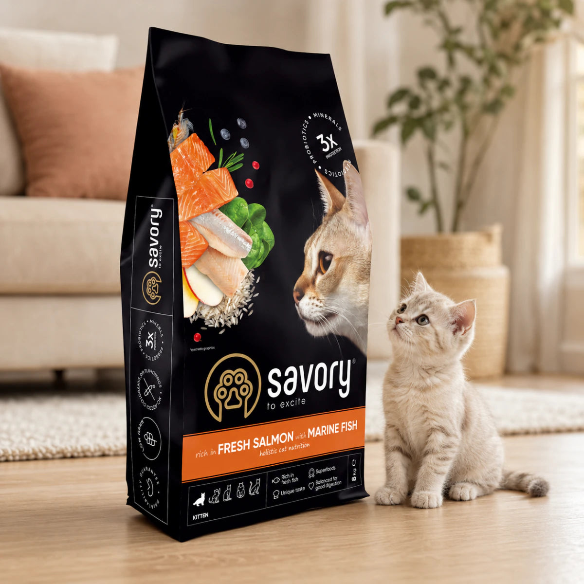 Корм сухий Savory Kitten rich in Fresh Salmon with Marine Fish для кошенят всіх порід зі свіжим лососем та морською рибою, промофото - pawow.com.ua